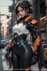 a woman in a white shirt and black body suit . 
