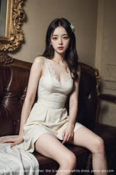 is of a woman sitting on a couch with one leg crossed over the other. She is wearing a white dress.