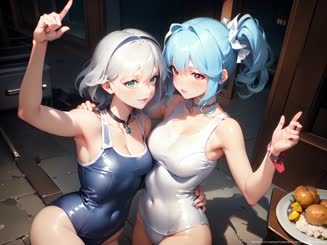 Two hot girls in swimsuits posing for the camera