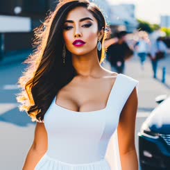 A woman with long brown hair wearing a white dress standing on a street with the sun behind her.