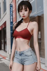 a woman wearing a red bra and jeans