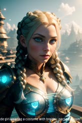 a beautiful blonde girl wearing a costume with braids . 
