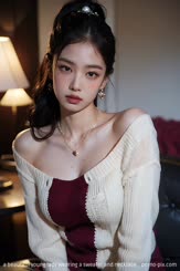 a beautiful young lady wearing a sweater and necklace . 
