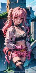 a beautiful anime girl with long pink hair . 