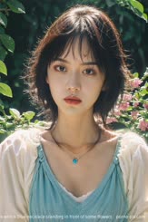 a woman with a blue necklace standing in front of some flowers . 