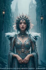a beautiful woman wearing a fancy dress and feather headdress . 