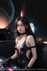 a woman in a leather outfit sitting in a car . 
