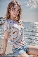 A beautiful woman sitting on the beach near the water.