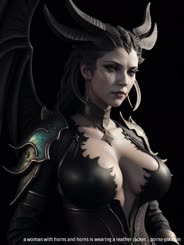 a woman with horns and horns is wearing a leather jacket . 