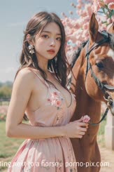 a woman in a dress standing next to a horse . 