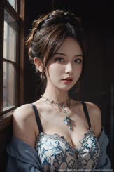 a beautiful woman with a necklace posing for a picture . 