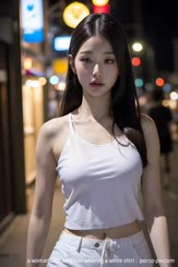 a woman with long hair wearing a white shirt . 