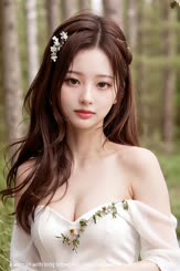 a woman with long brown hair wearing a white dress . 
