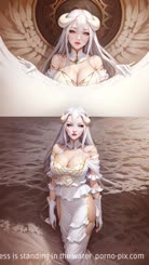 a female in a white dress is standing in the water 