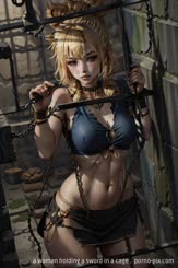 a woman holding a sword in a cage . 
