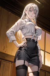 a girl is wearing a white shirt and black skirt