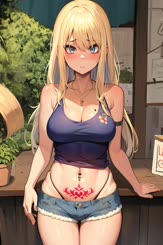 a woman standing in a room with a flower on her stomach