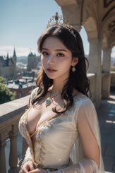 a woman wearing a white dress standing on a balcony