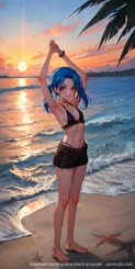 a woman standing on a beach at sunset . 
