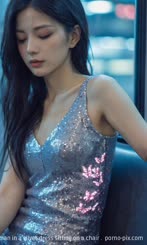 a woman in a silver dress sitting on a chair . 