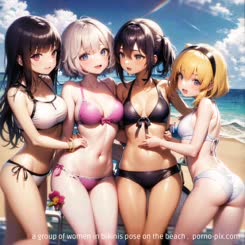 a group of women in bikinis pose on the beach . 