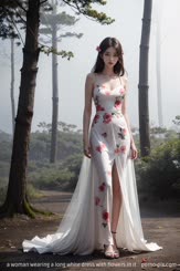 a woman wearing a long white dress with flowers in it . 