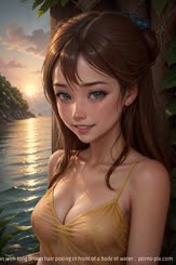 a beautiful woman with long brown hair posing in front of a body of water . 