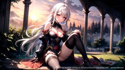 a beautiful woman sitting on the ground with long white hair . 