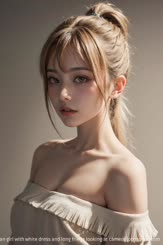 A beautiful asian girl with white dress and long fringe looking at camera.