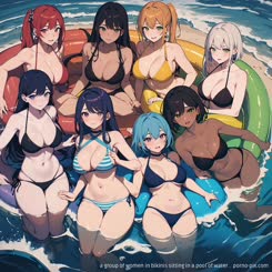 a group of women in bikinis sitting in a pool of water . 