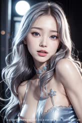 a girl with a long gray hair and a star necklace . 