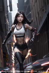 a woman with long hair and a black top running in the street . 