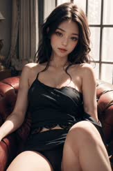 a woman in a black dress sitting on a chair