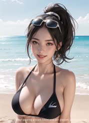 a woman wearing a black bikini and sun glasses 