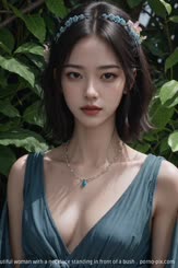 a beautiful woman with a necklace standing in front of a bush . 