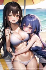 two women are posing on the beach for a picture . 