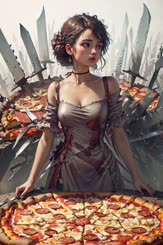a woman is standing in a room with food