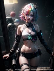 a girl with colorful hair is posing for a picture . 