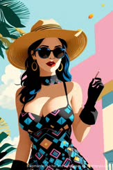 a woman with a hat and sunglasses on . 