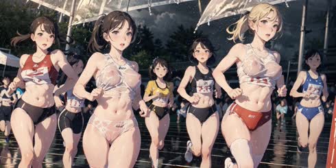 a group of girls are running on a bridge
