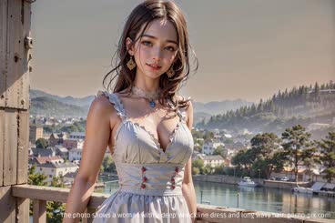 The photo shows a woman with a deep V neckline dress and long wavy hair.