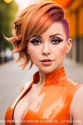 a woman with a short red hair style and a orange top . 