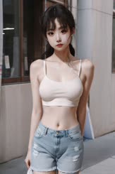 a young woman wearing jeans and a white bra