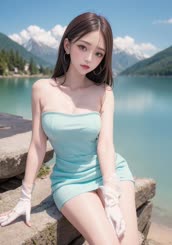 a woman sitting on a rock by a body of water