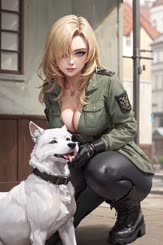 a beautiful woman kneeling next to a white dog