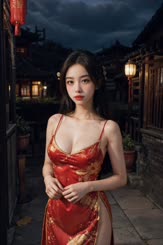 a woman in a red dress standing outside