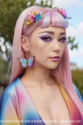 a woman with pink hair and a butterfly earring . 