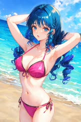 a beautiful blue haired girl in a pink bikini
