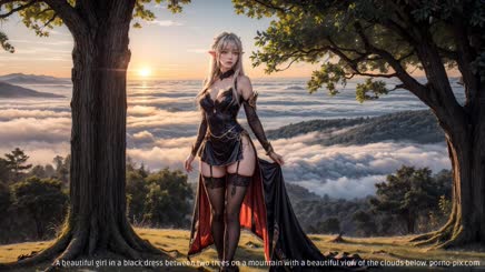 A beautiful girl in a black dress between two trees on a mountain with a beautiful view of the clouds below.