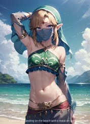 a woman is standing on the beach with a mask on 